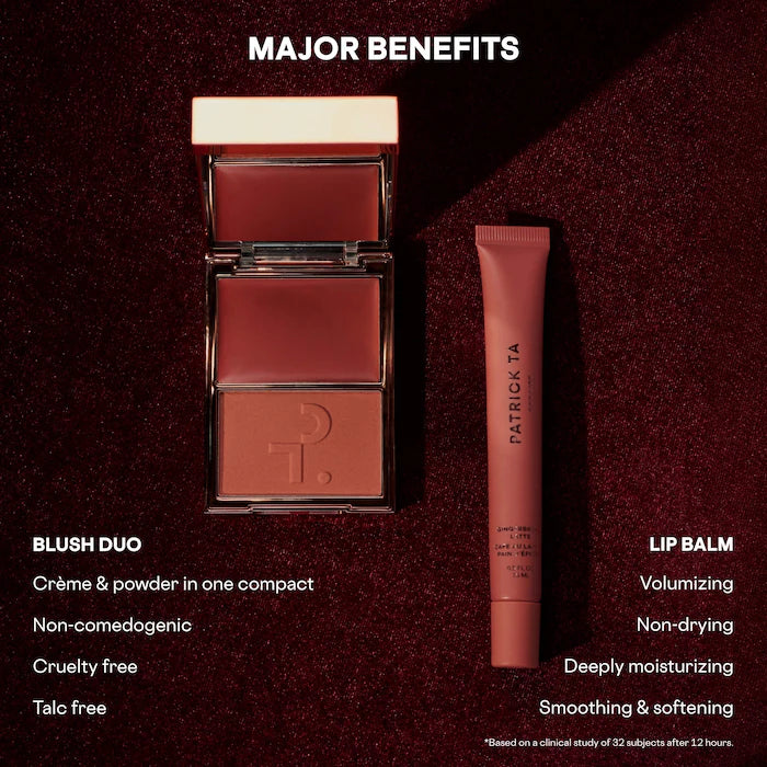 PATRICK TA 
Major Headlines Double-Take Crème & Powder Blush Duo & Lip Balm Makeup Gift Set  🤎✔️