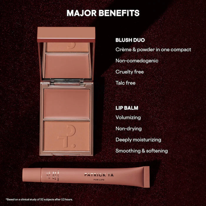 PATRICK TA   
Major Headlines Double-Take Crème & Powder Blush Duo & Lip Balm Makeup Gift Set  🤎✔️