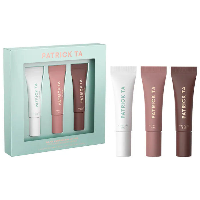 PATRICK TA 
Mini Major Moisture Smoothing and Hydrating Tinted Lip Balm Trio Makeup Gift Set 🩵✔️