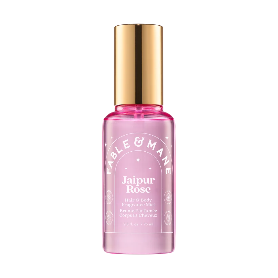 Fable & Mane  
Jaipur Rose Hair & Body Mist with Saffron + Black Amber 🩷