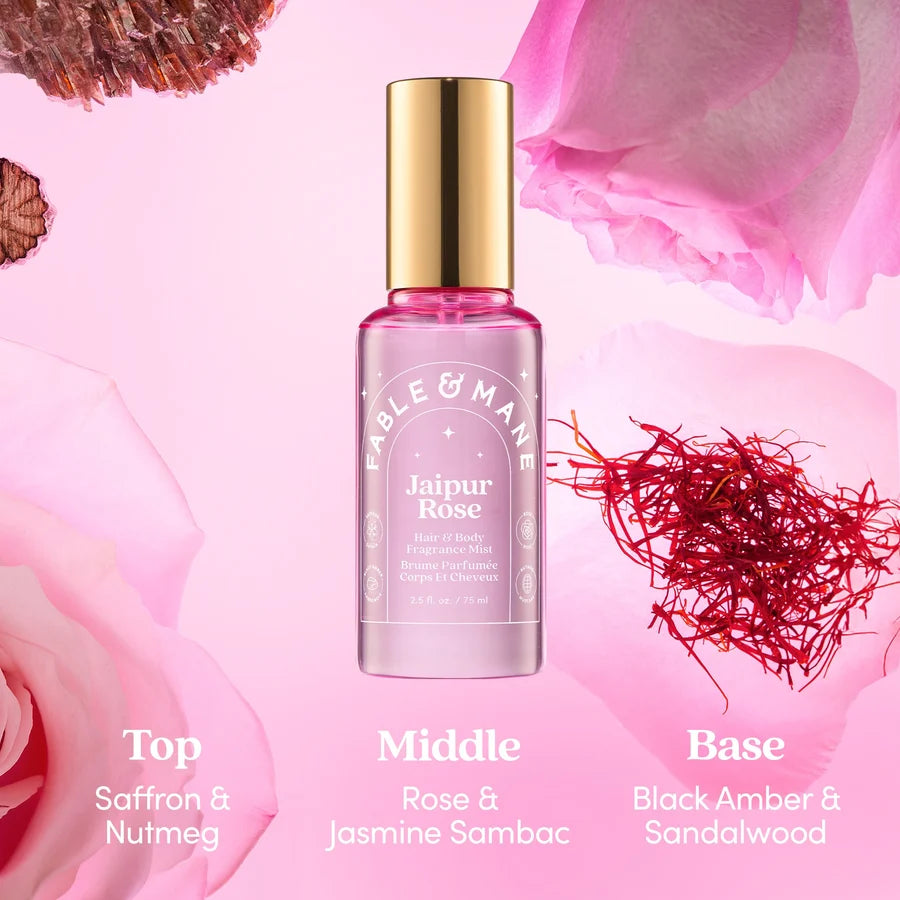Fable & Mane  
Jaipur Rose Hair & Body Mist with Saffron + Black Amber 🩷