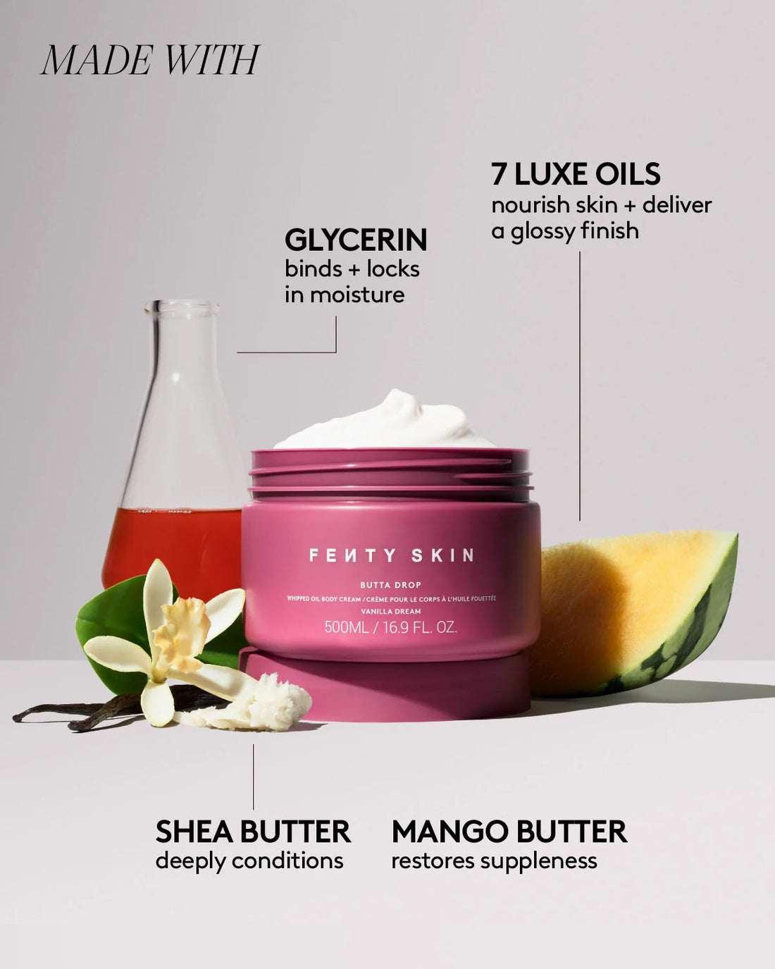 Fenty Skin    
BUTTA DROP WHIPPED OIL BODY CREAM WITH TROPICAL OILS + SHEA BUTTER ♥️