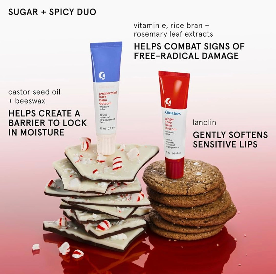 Glossier 
Balm Dotcom Hydrating Lip Balm Duo - Peppermint Bark & Ginger Snap set ♥️💙