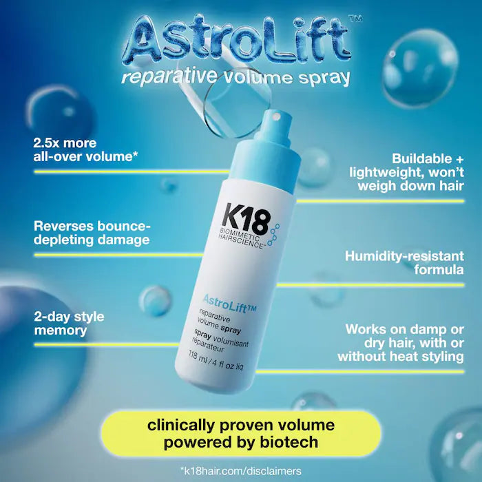 K18     
Biomimetic Hairscience    
AstroLift™ Reparative Volume Spray 🩵
