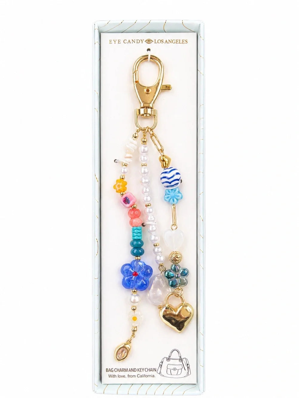 Eye Candy   
Gold, Blue & Pink Beaded Heart Key Bag Charm 💙