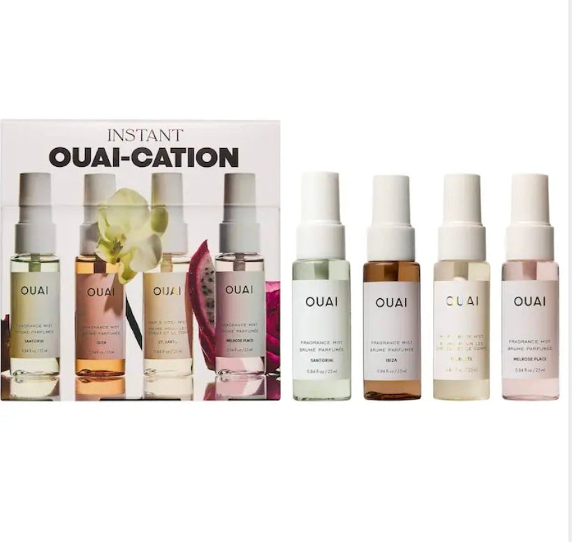 OUAI
Mini St. Barts, Ibiza, Santorini & Melrose Hair & Body Mist Set 🩷
